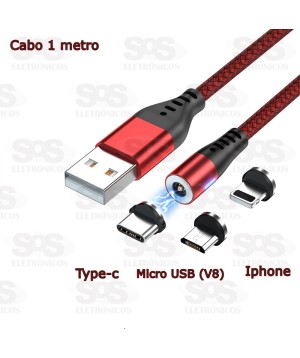Cabo Magnético 3 em 1 Iphone Type-C e V8 com 1 Metro Altomex - AL-C360