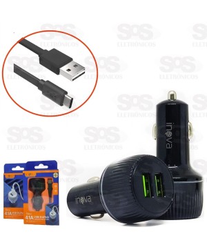 Carregador Veicular 2 USB 4.1A Com Cabo Type-C Inova G06C