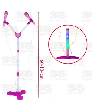 Microfone Karaokê Som LED Conecta Celular Pedestal  Duplo Toy King TK-1959