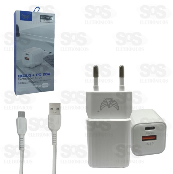 Carregador 20W USB-C E Type-C Cabo Micro USB V8 Altomex AL-7708-V8