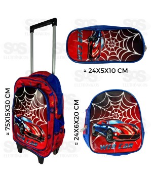 Mochila Infantil Com Estojo e Lancheira Carro Aranha Spider FUK294