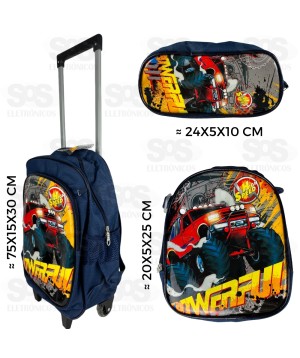 Mochila Infantil GG Com Estojo e Lancheira Carro Monstro FUK293
