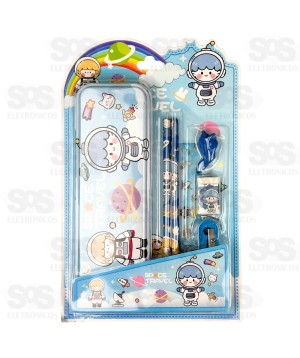 Kit Escolar 7 Peças Com Estojo Polibrinq SCB84