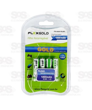 Pilha AAA 1.2V Recarregável 1000mAh 4 Unidades Flex Gold FX-AAA10LB4