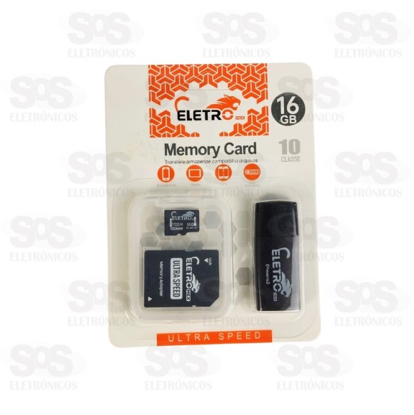 Cartão De Memória 16GB Com Adaptador SD E Leitor de Cartão Eletromex EL-MC-16