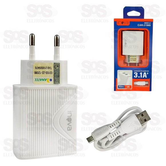 Carregador 2 USB 3.1A Com Cabo Micro V8 Inova CAR-3159S