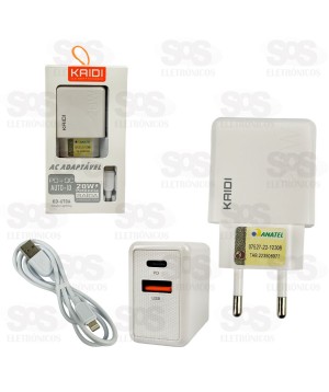Carregador USB + PD 20W Com Cabo Lightning Kaidi KD-670A