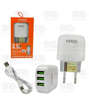 Carregador 3 USB 3.1A Com Cabo Type C Kaidi KD-557C