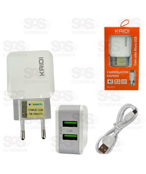 Carregador 2 USB 2.4A Com Cabo Micro USB V8 Kaidi KD-301S
