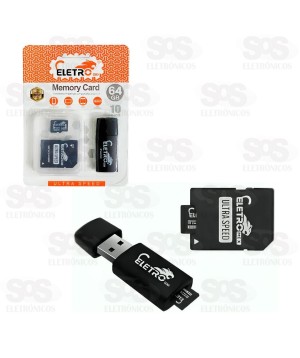 Cartão De Memória 64GB Com Adaptador SD E Leitor De Cartão Eletromex EL-MC-64