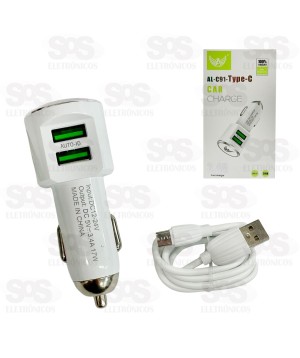 Carregador Veicular 2 USB 3.4A Com Cabo Type C Altomex AL-C91-Type-C