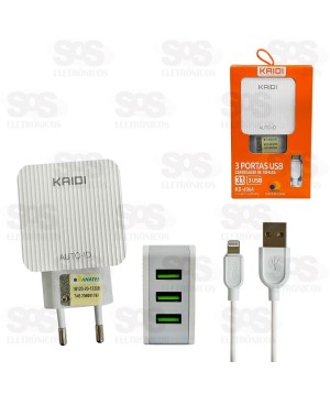 Carregador 3 USB 3.1A Com Cabo Lightning Kaidi KD-606A