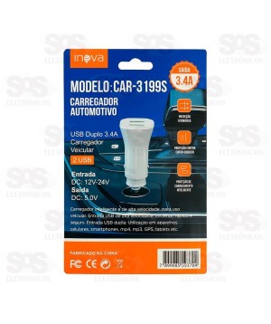 Carregador Veicular Com Cabo Micro USB V8 3.4A 2 USB Inova CAR-3199S