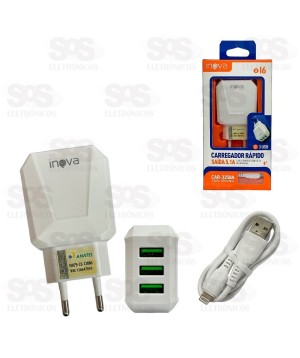 Carregador 3 USB 5.1A Com Cabo Iphone Inova CAR-3258A