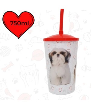 Copo Plástico Com Canudo 750ML Dog Shitzu 0168A