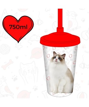 Copo Plástico Com Canudo 750ML Cat Ragdoll 0181A