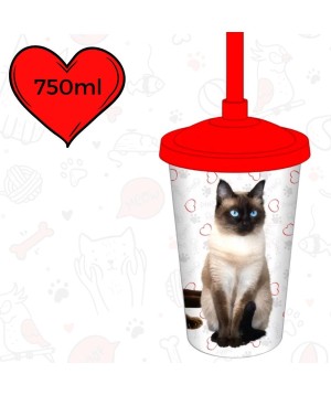 Copo Plástico Com Canudo 750ML Cat Siamês 0183B