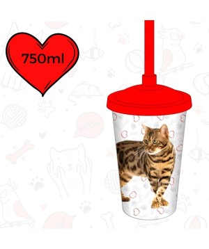 Copo Plástico Com Canudo 750ML Cat Bengal 0184A