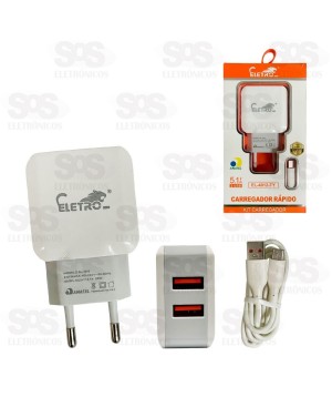 Carregador 2 USB 5.1A Com Cabo Type C Eletromex EL-4012-TY