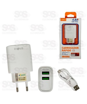 Carregador 2 USB 4.8A Com Cabo Type C Inova CAR-3156C