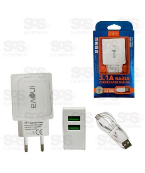 Carregador 2 USB 3.1A Com Cabo Type C Inova CAR-3228C