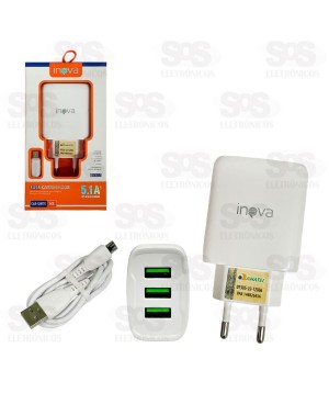 Carregador 3 USB 5.1A Com Cabo Micro USB V8 Inova CAR-12817S