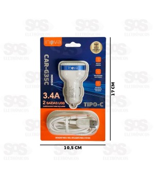 Carregador Veicular 2 USB 3.4A Cabo Type C Inova G35C