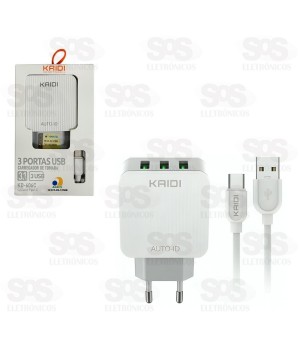 Carregador 3 USB 3.1A Com Cabo Type C Kaidi KD-606C