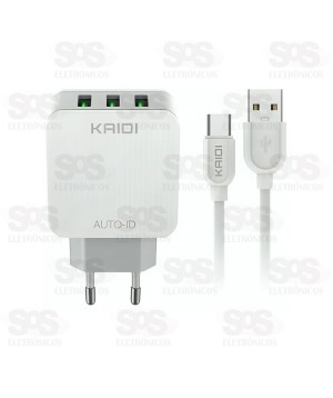 Carregador 3 USB 3.1A Com Cabo Type C Kaidi KD-606C