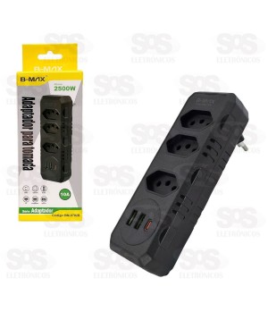 Adaptador 3 Tomadas Com USB e Type C B-Max BM-8702B