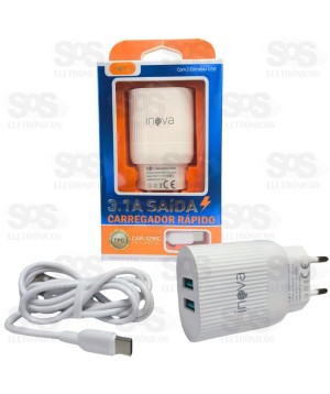 Carregador 2 USB 3.1A Com Cabo Type C Inova CAR-3296C