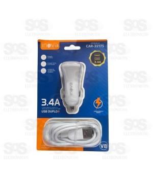 Carregador Veicular 2 Portas USB 3.4A Cabo Micro USB V8 Inova CAR-3217S