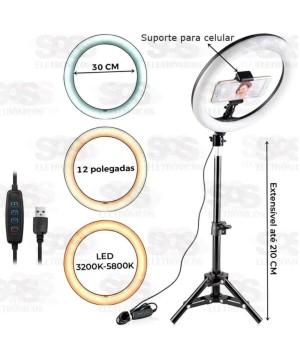 Iluminador Ring Light 12 Polegadas Com Tripé 210CM IN-538