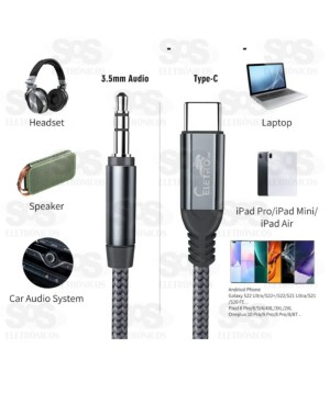 Cabo Auxiliar Type-c  Para P2 Conector 3.5mm Eletromex El-3120-TY
