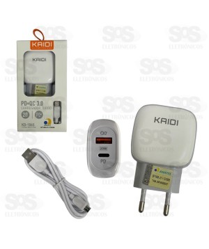 Carregador USB+PD 20W Cabo Micro USB V8 Kaidi KD-106S