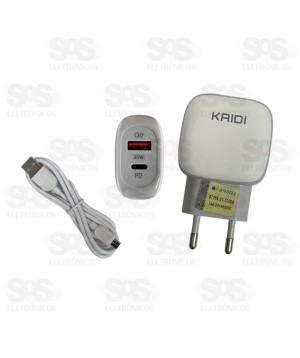 Carregador USB+PD 20W Cabo Micro USB V8 Kaidi KD-106S