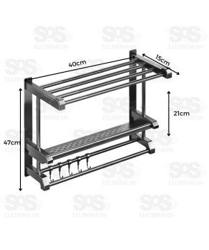 Toalheiro De Parede Com Porta Toalha Duplo Com Ganchos B-max F1593