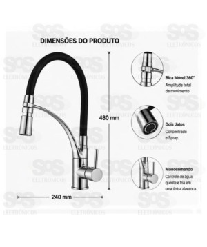 Torneira Monocomando Gourmet com Bica Flexível B-Max BM-F1055 