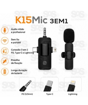 Microfone De Lapela Sem Fio 3 Em 1 Eletromex K15 Mic EL-1835