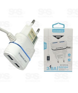 Carregador Micro USB V8 3.6A 2 USB Anatel Ecooda 11081 / 11079 / 11078