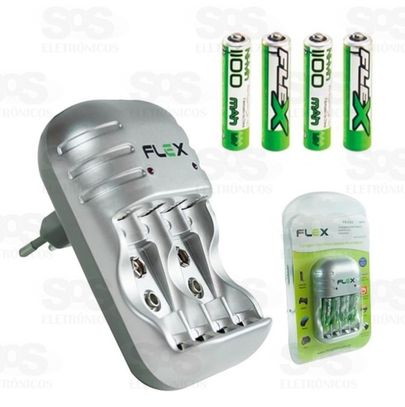 Carregador Com 4 Pilhas AAA Recarregáveis Flex FX-C03 AAA