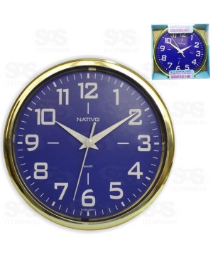 Relógio De Parede Redondo Metalizado Dourado E Azul Nativo 80408-0