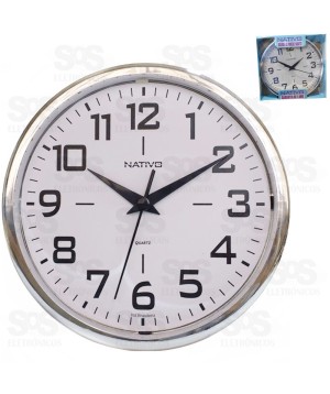 Relógio De Parede Redondo Metalizado Cromo E Branco Nativo 80403-5