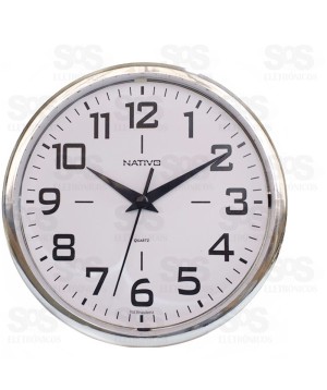 Relógio De Parede Redondo Metalizado Cromo E Branco Nativo 80403-5